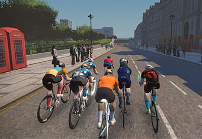 A group of virtual cyclists riding through a city